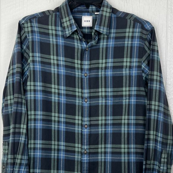 ROWM Flannel shirt men’s Large button up long sleeve blue plaid - Picture 2 of 7